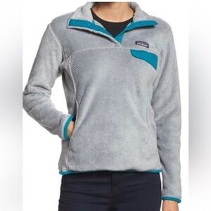 Patagonia Light Gray Fleece Pullover with Teal Accents